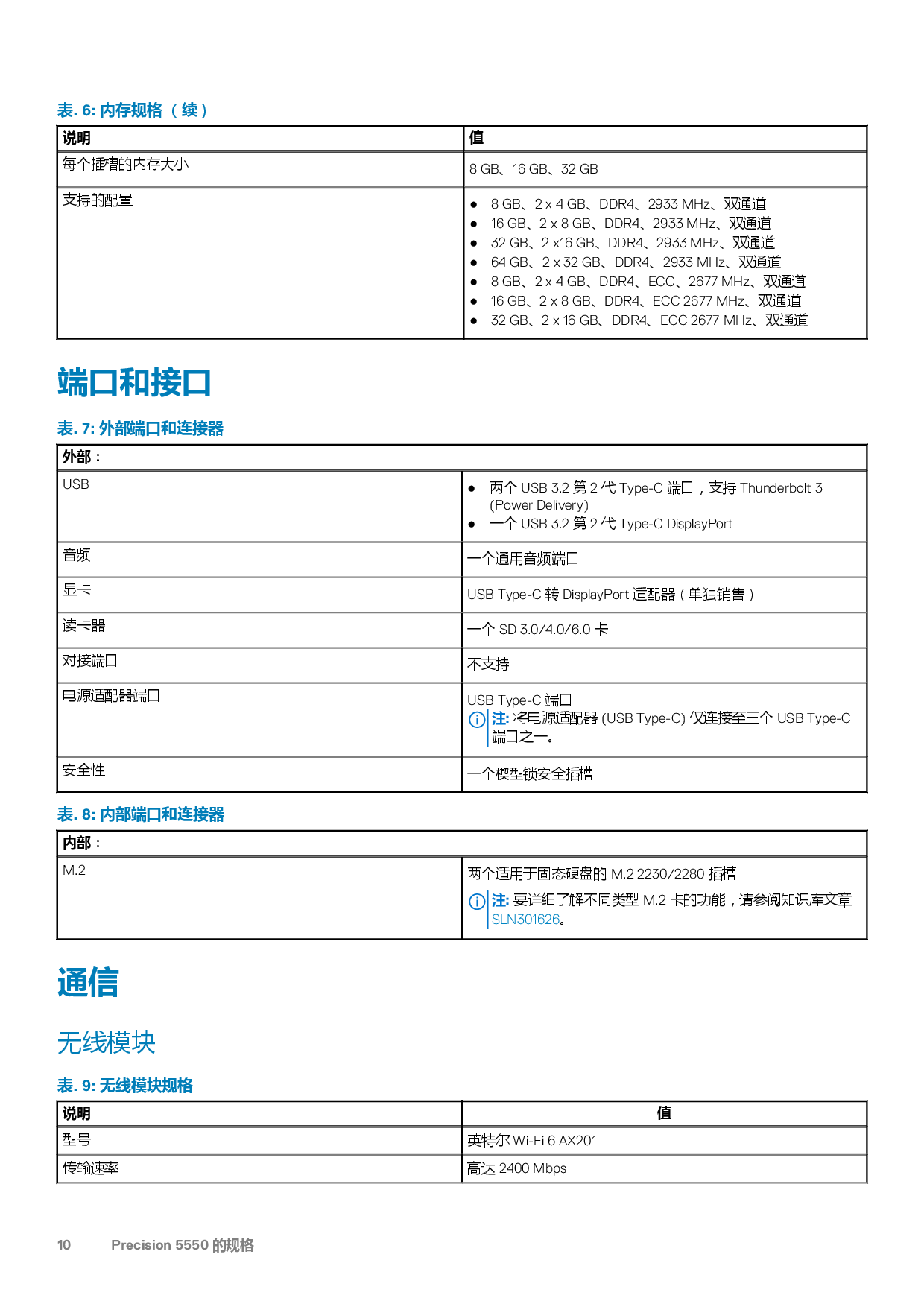 Dell Precision 5550 移动工作站设置和规格PDF第10页
