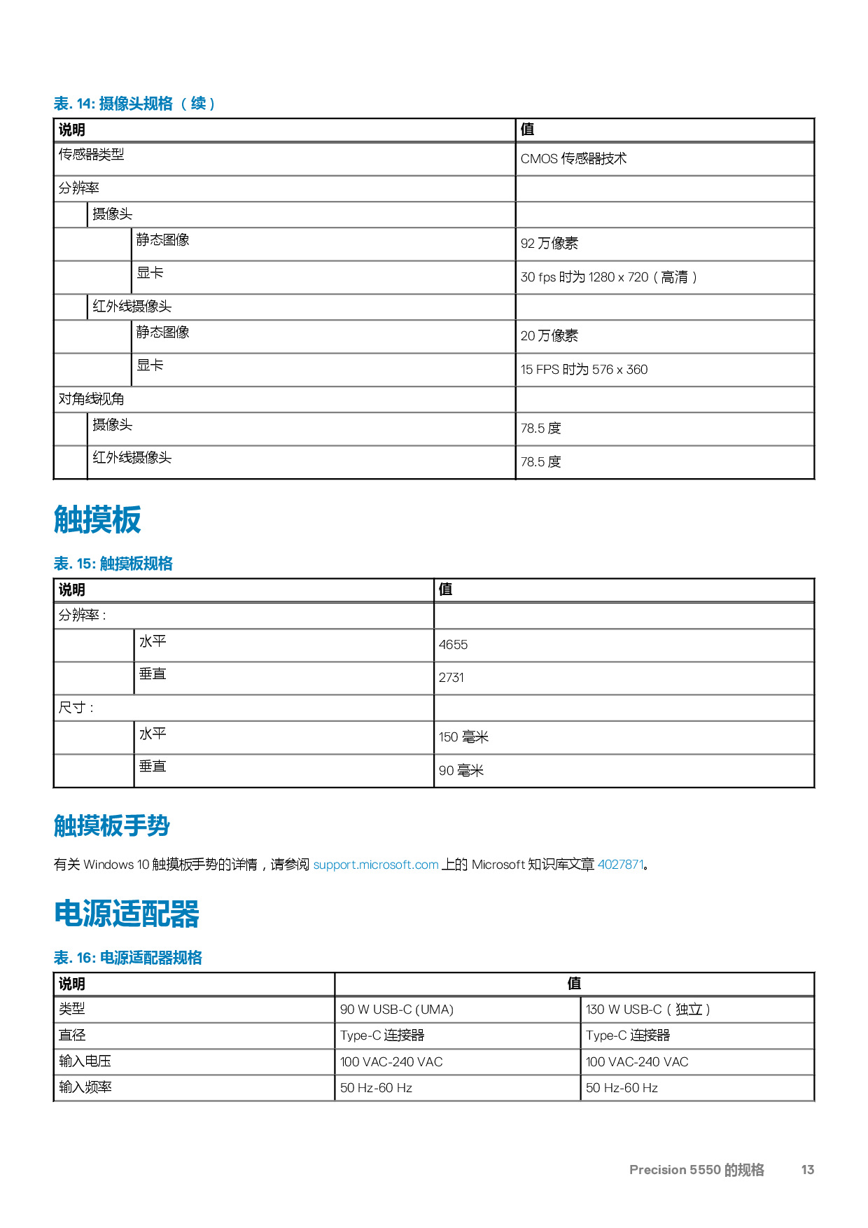 Dell Precision 5550 移动工作站设置和规格PDF第13页