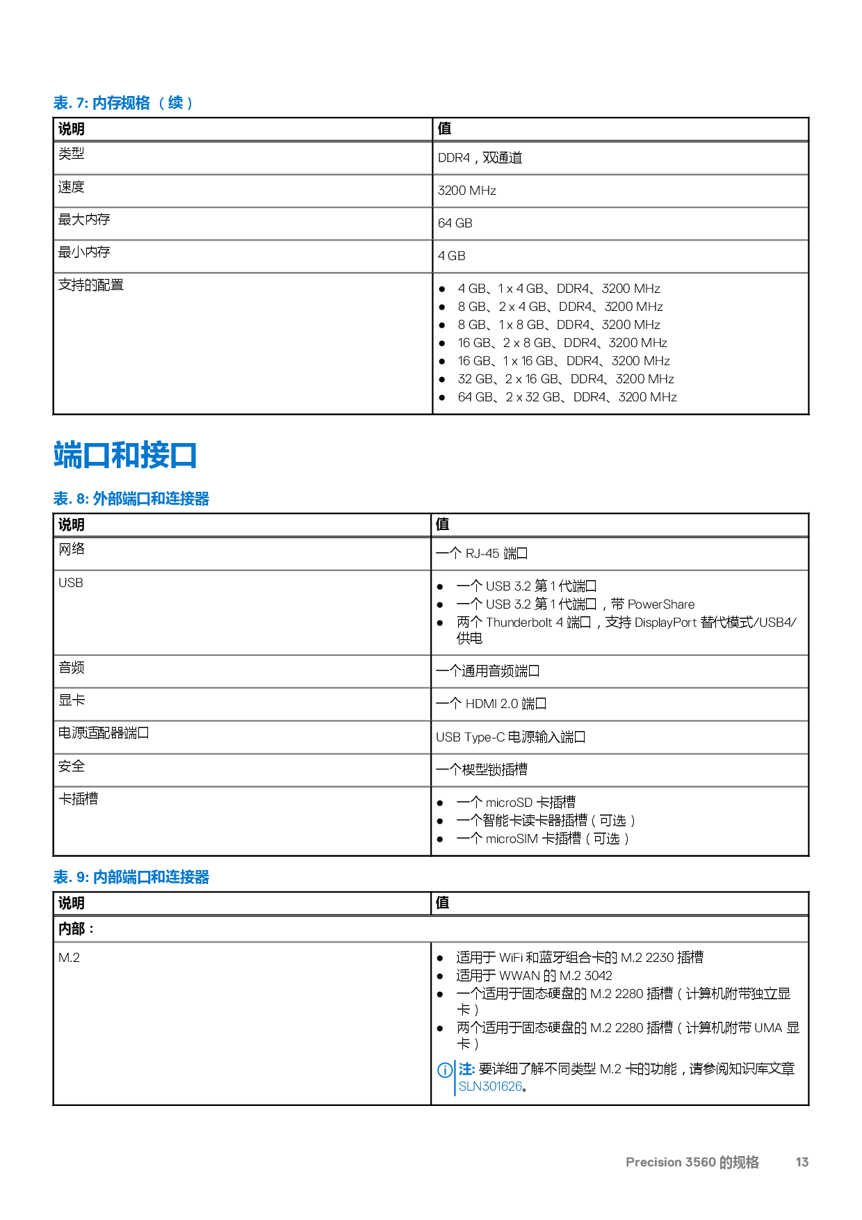 Dell Precision 3560 移动工作站设置和规格PDF第13页