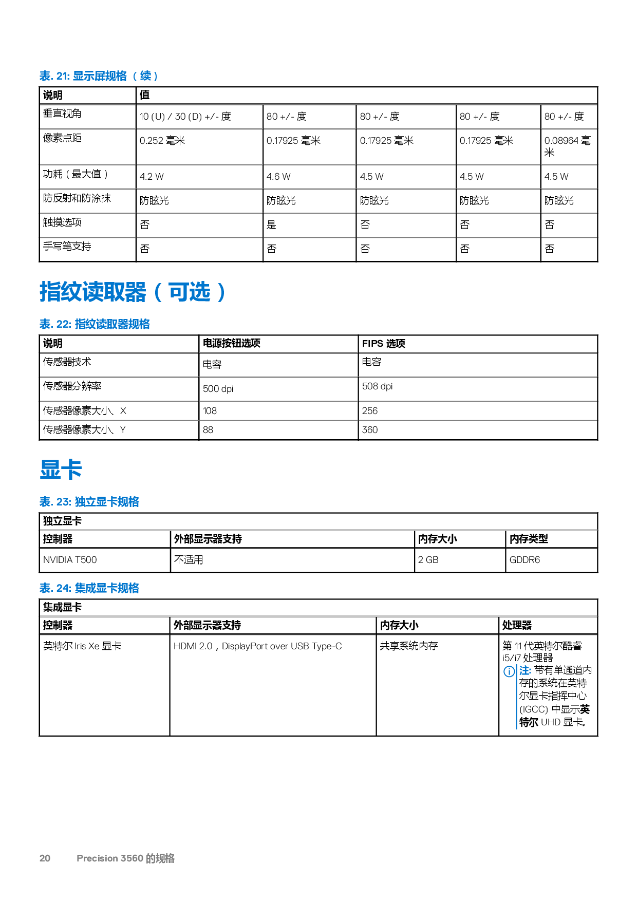 Dell Precision 3560 移动工作站设置和规格PDF第20页