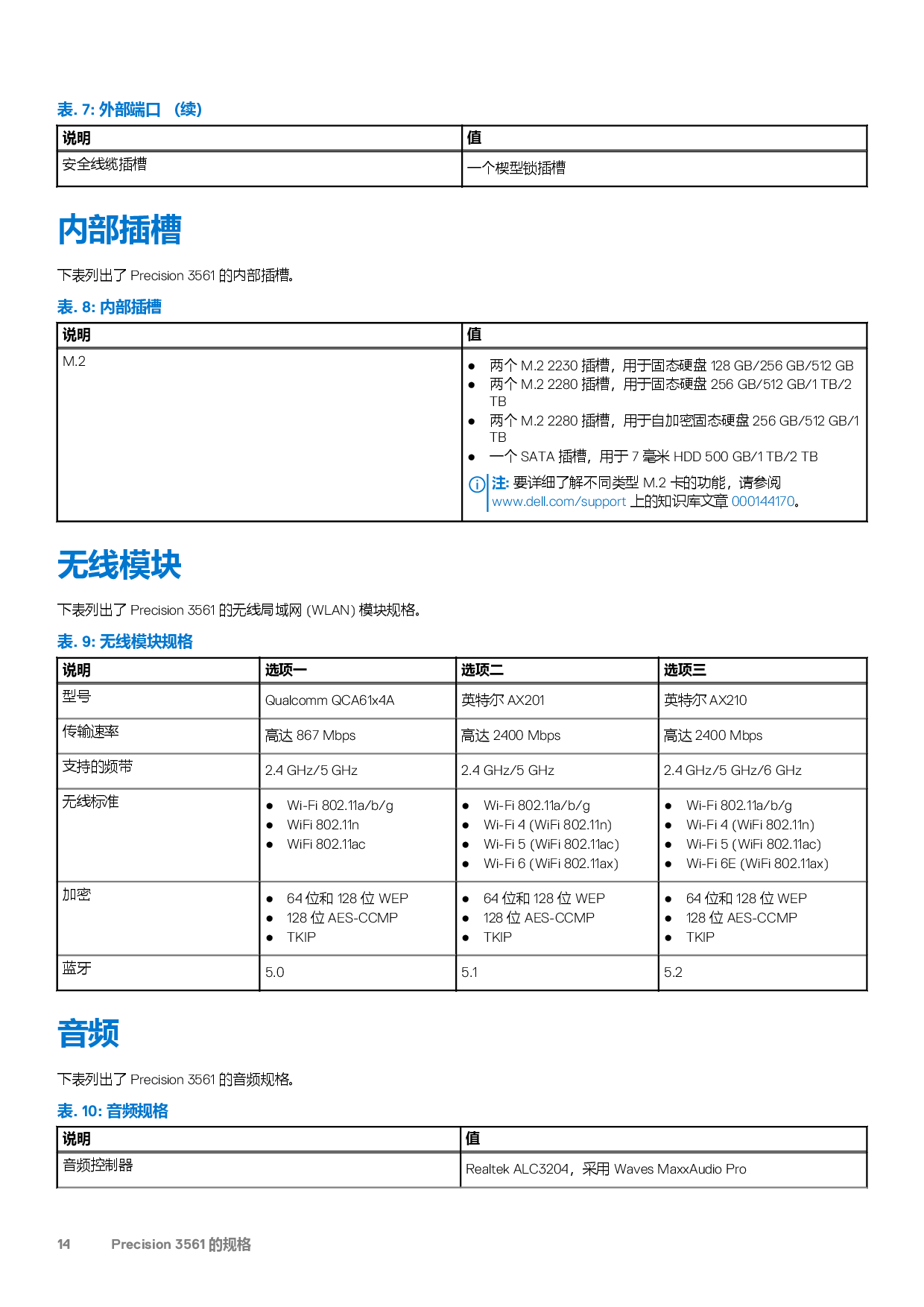 Dell Precision 3561 移动工作站设置和规格PDF第14页