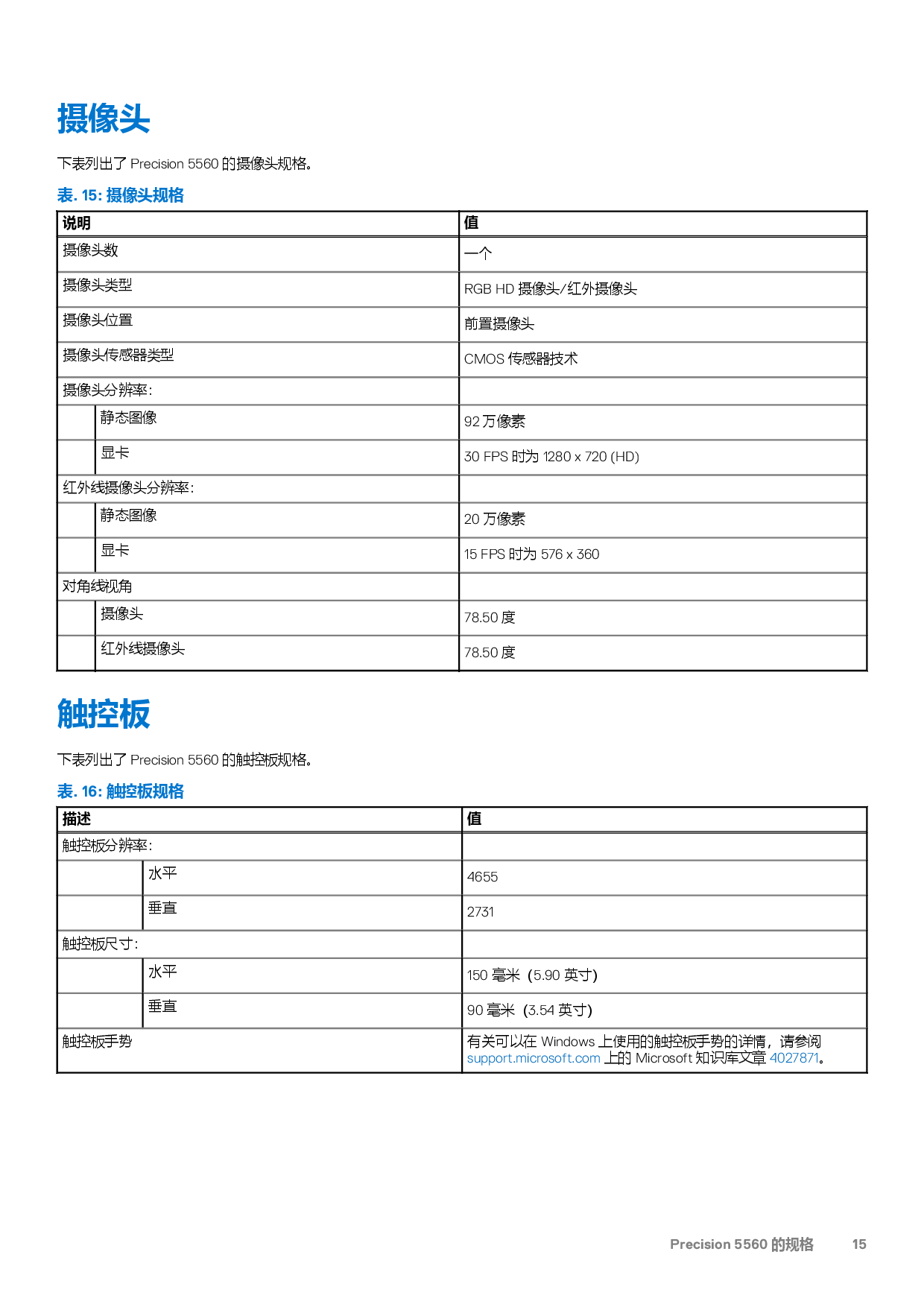 Dell Precision 5560 移动工作站设置和规格PDF第15页