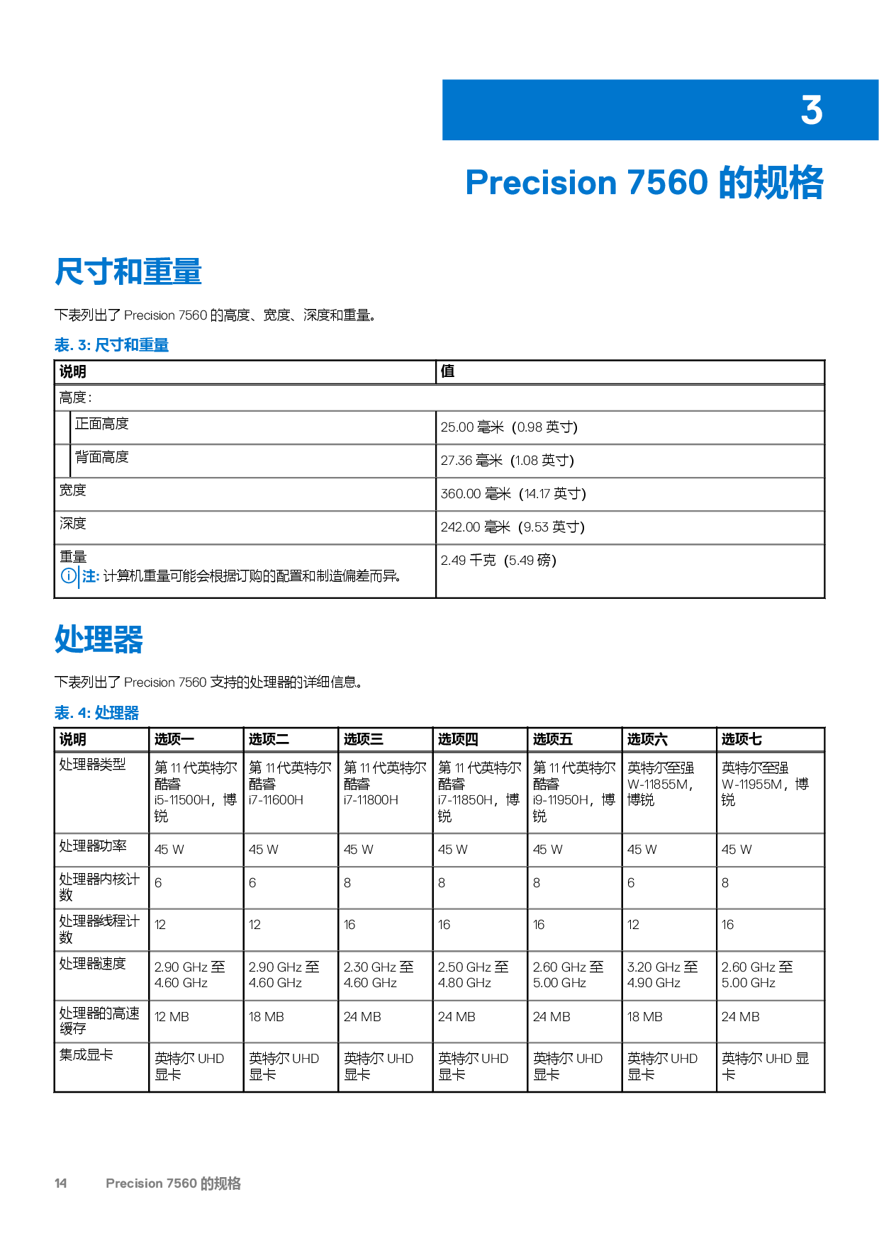 Dell Precision 7560 移动工作站设置和规格PDF第14页
