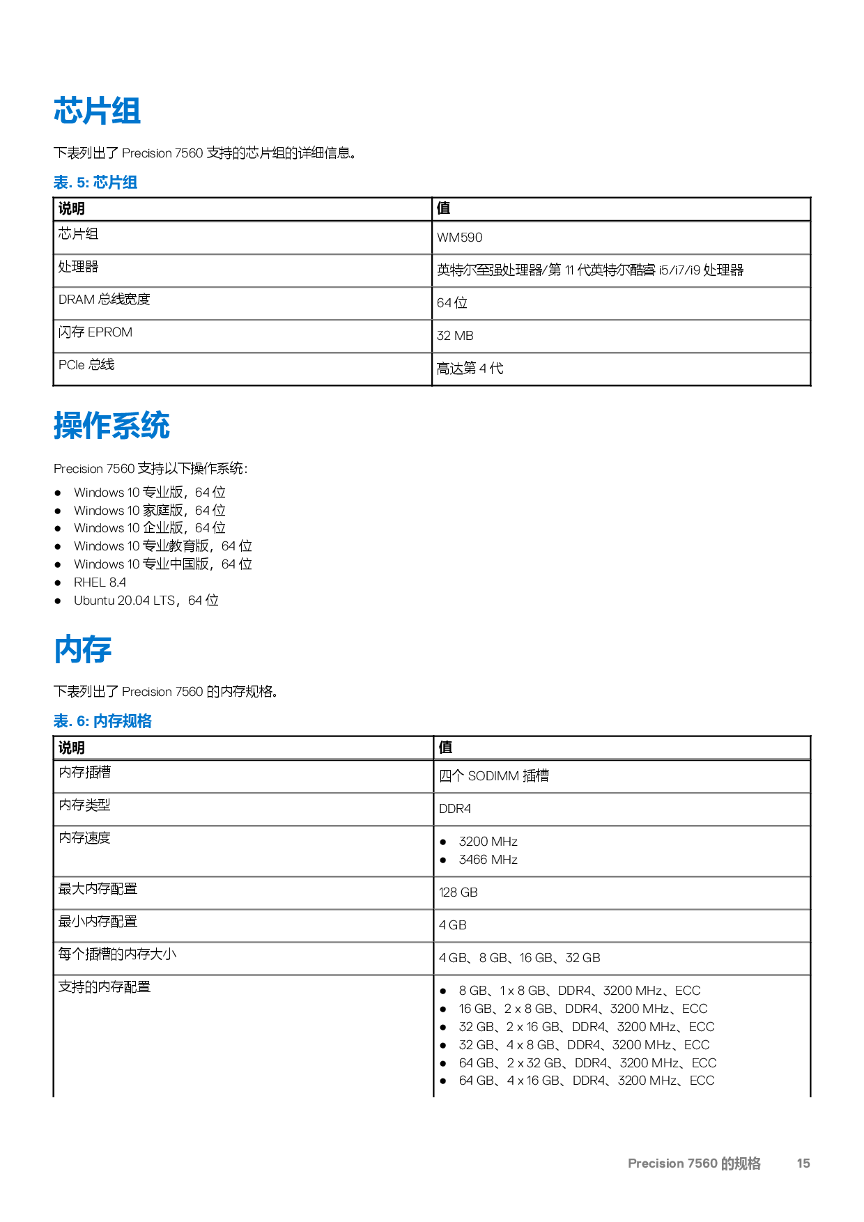 Dell Precision 7560 移动工作站设置和规格PDF第15页