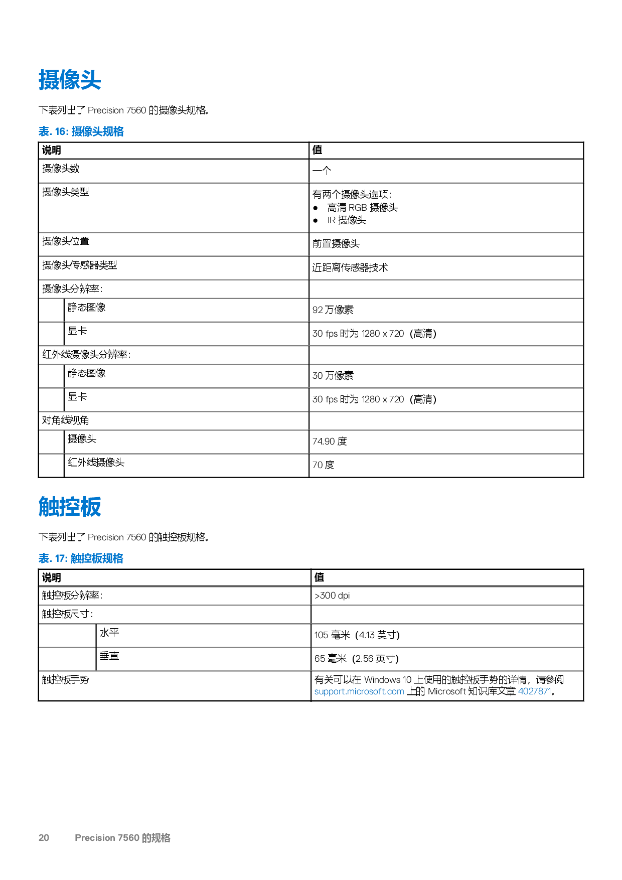 Dell Precision 7560 移动工作站设置和规格PDF第20页